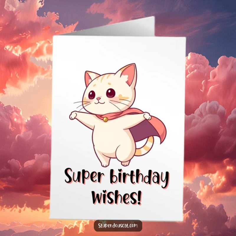 Funny Free Printable Birthday Card: Cat with a cape dramatically swooping from a high point.