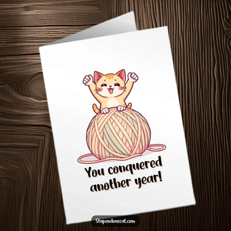 Funny Free Printable Birthday Card: A cat striking a triumphant pose atop a massive ball of yarn.