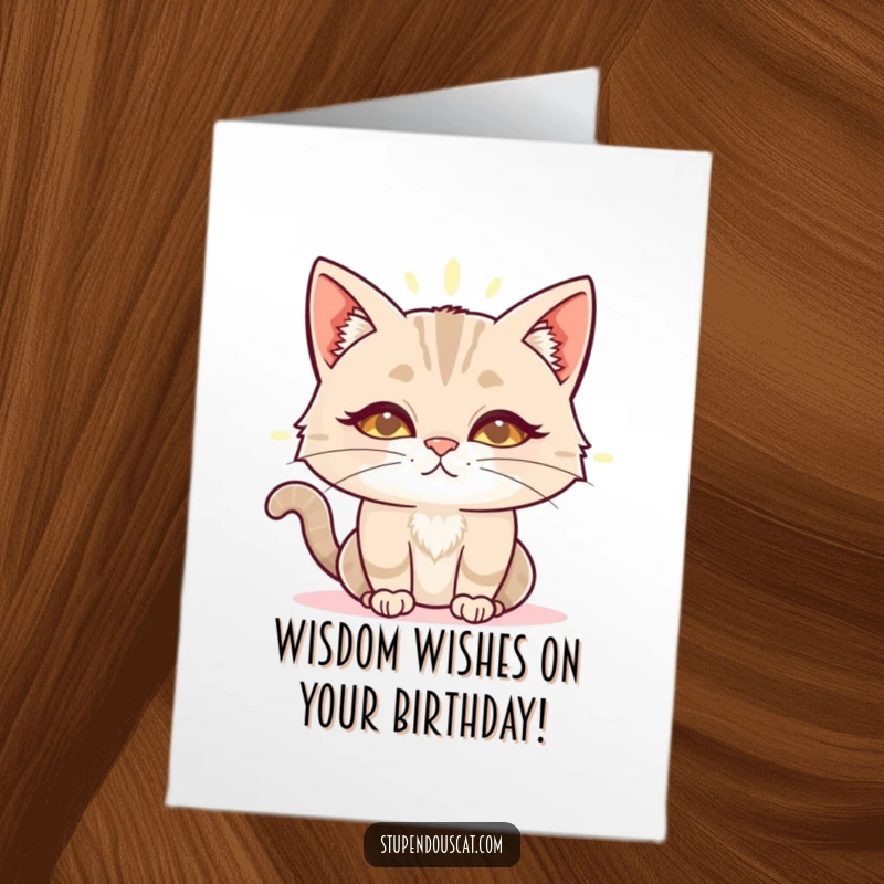 Funny Free Printable Birthday Card: A cat with a serene, glowing aura sharing wisdom with kind eyes.