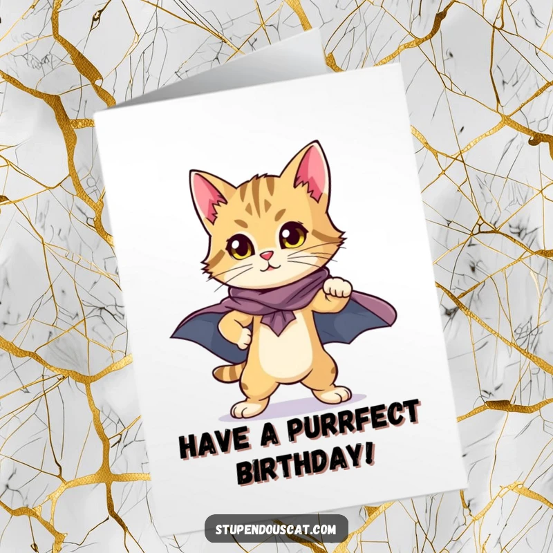 Funny Free Printable Birthday Card: A heroic cat cub strikes a proud pose in a flowing cape, ready for action.