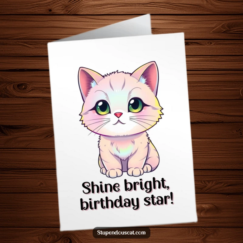 Funny Free Printable Birthday Card: A beautiful cat with vibrant, rainbow-like iridescent fur sparkling enchantingly in the light, radiating joy.