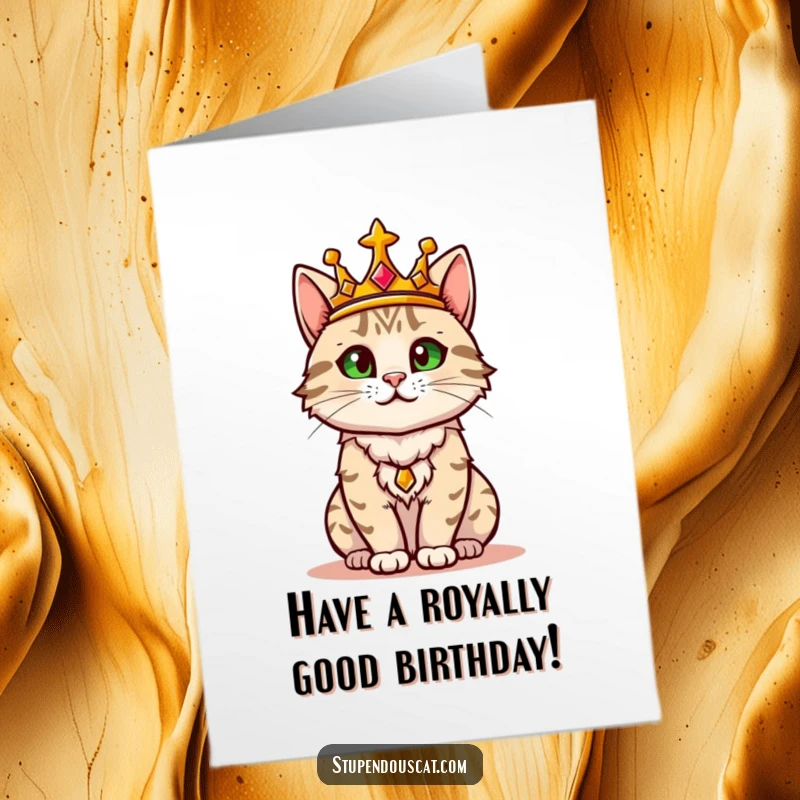 Funny Free Printable Birthday Card: A cat wearing a golden crown, looking out confidently over its kingdom.