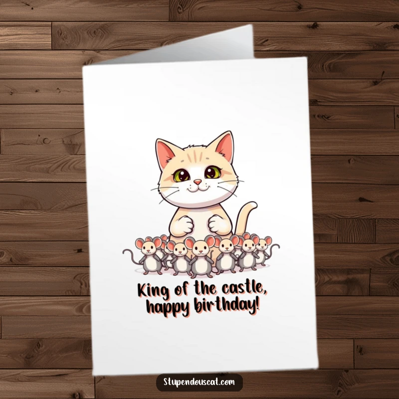 Funny free printable birthday card of a confident cat commanding toy mice, a hilarious DIY gift for a birthday.