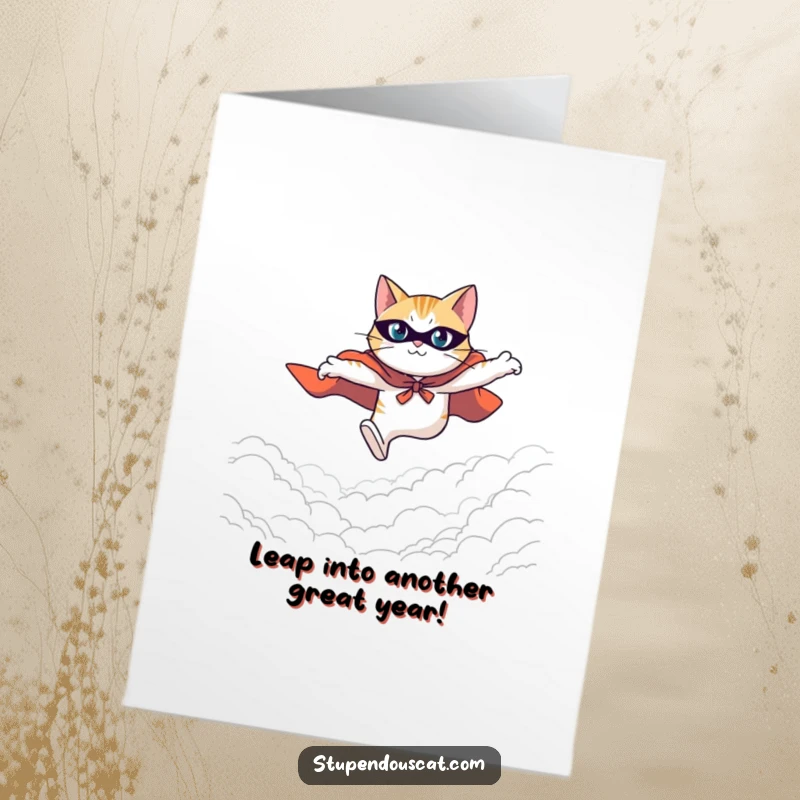 Funny Free Printable Birthday Card: A cat hero in a cape leaping determinedly across a grand landscape.