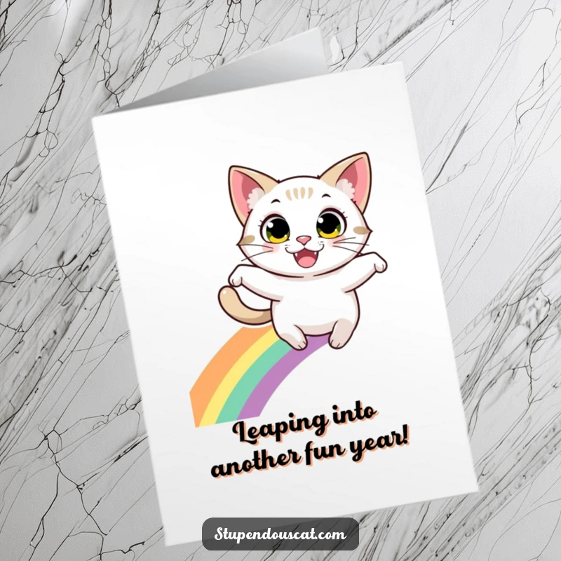 Funny Free Printable Birthday Card: Energetic cat with big eyes grinning while leaping over a rainbow.