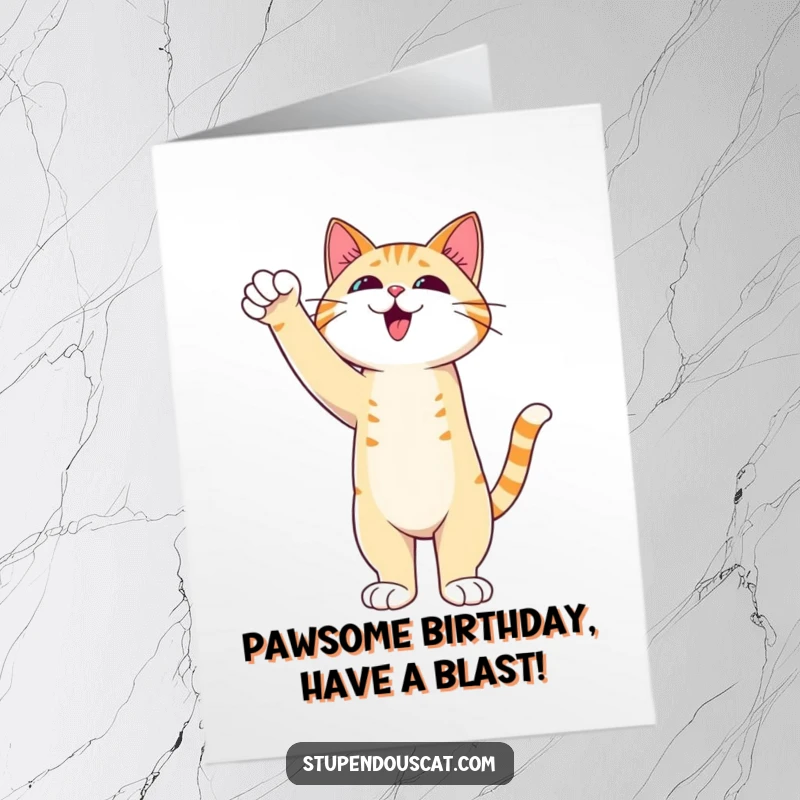 Funny Free Printable Birthday Card: A cat standing proudly, paw outstretched in a gesture of admirable triumph.