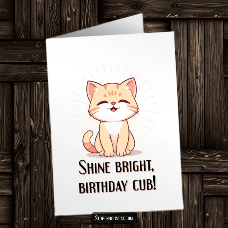 Funny Free Printable Birthday Card: Powerful cat cub glowing with a radiant aura. A downloadable gift.