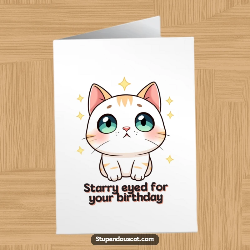 Funny Free Printable Birthday Card: Cat with wide, impressed eyes gazing at twinkling stars.