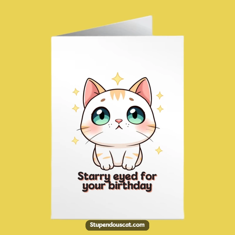 Free Printable Birthday Card: Starry-Eyed Cat! Whimsical Downloadable Gift.