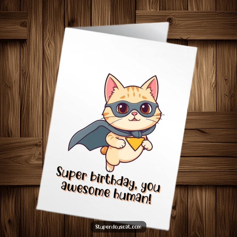 Funny Free Printable Birthday Card: A cat in a superhero cape flying with determination for a birthday.