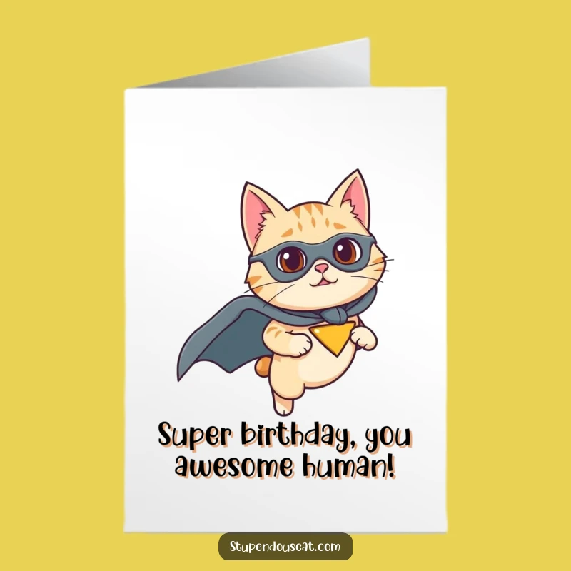 Free Printable Birthday Card: Superhero Cat Flying, Bold Humor for a Heroic Year!