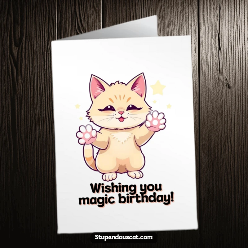 Funny Free Printable Birthday Card: A cat conjuring sparkling energy, radiating awe-inspiring birthday magic.