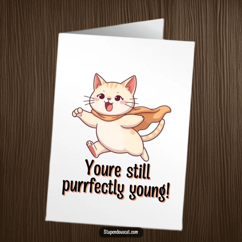 Funny free printable birthday card showing a determined cat leaping heroically with a flowing cape, ready to save the day.