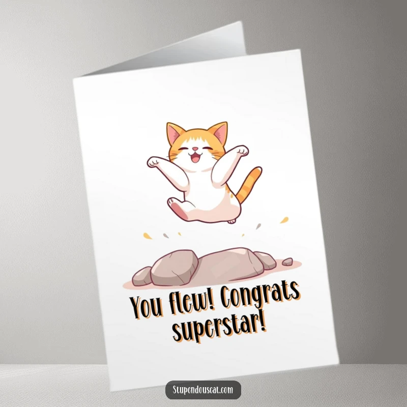 Funny Free Printable Congratulations Card: A cat landing perfectly after a spectacular jump to celebrate success.