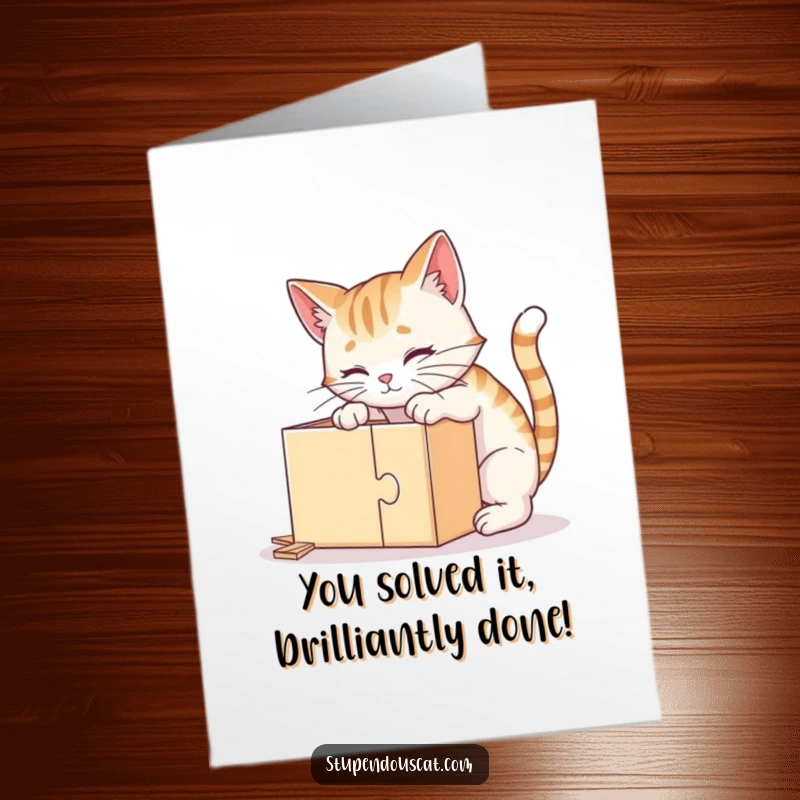 Funny Free Printable congratulations card showing a clever cat engrossed in solving a complex puzzle box. A brilliant downloadable gift.