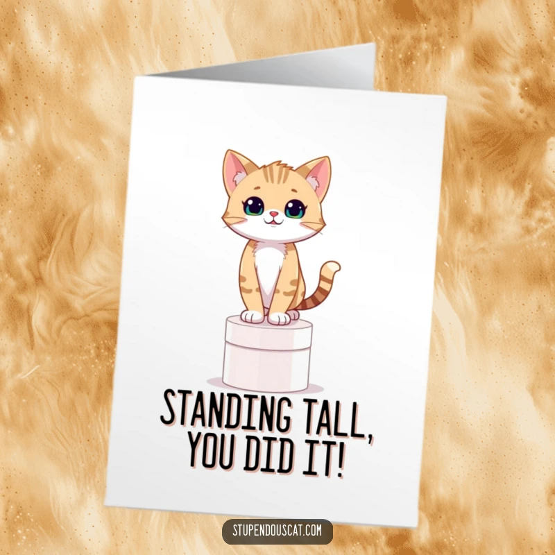 Funny Free Printable Congrats Card: A confident cat cub stands tall on a pedestal, representing ultimate achievement.