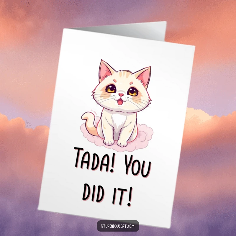 Funny Free Printable Congrats Card: A dazzling cat appears as if by magic from a puff of smoke. Astonishing downloadable card.