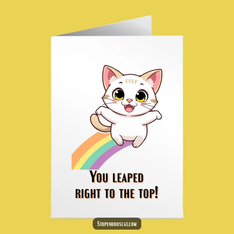 Free Printable Congrats Card: Funny Cat Rainbow Leap, Downloadable Achievement Celebration