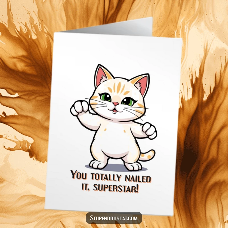 Funny Free Printable Congrats Card: Majestic cat standing tall and proud, celebrating a major achievement.