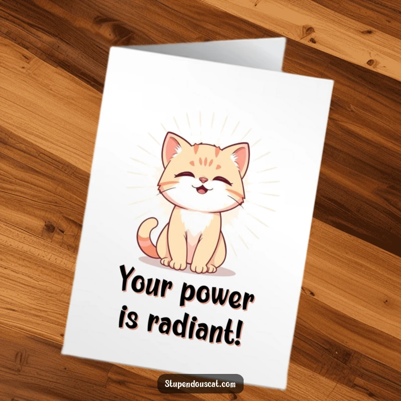 Funny Free Printable Congrats Card: Powerful cat cub emitting a bright, radiant aura. A downloadable gift.