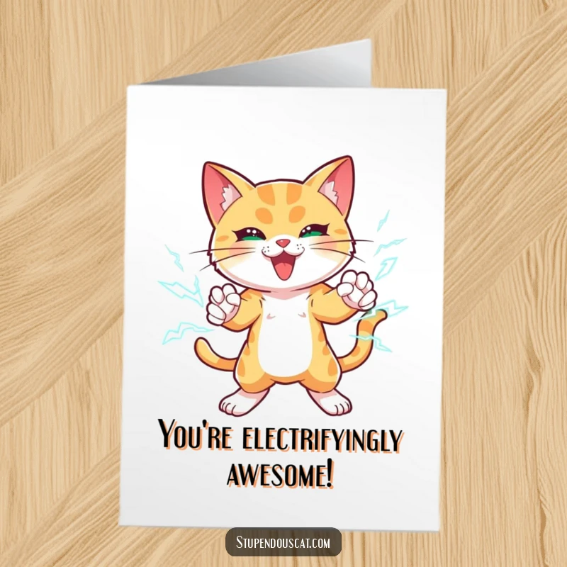 Funny Free Printable Congratulations Card: A powerful cat unleashing lightning bolts, celebrating a momentous achievement.
