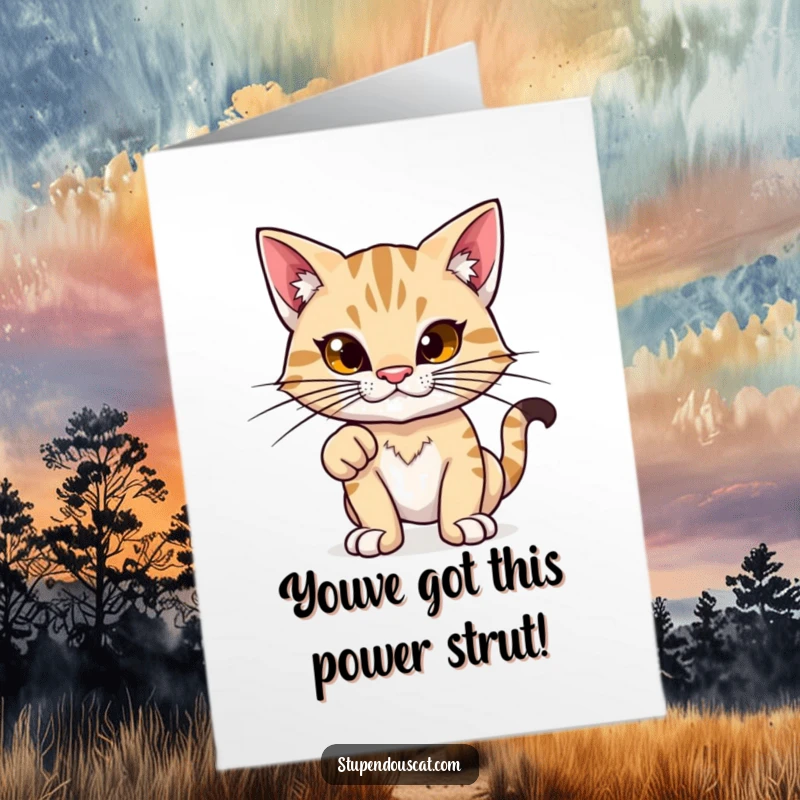 Funny Free Printable Congratulations Card: A feline with exaggerated whiskers strikes a proud power stance, celebrating success.