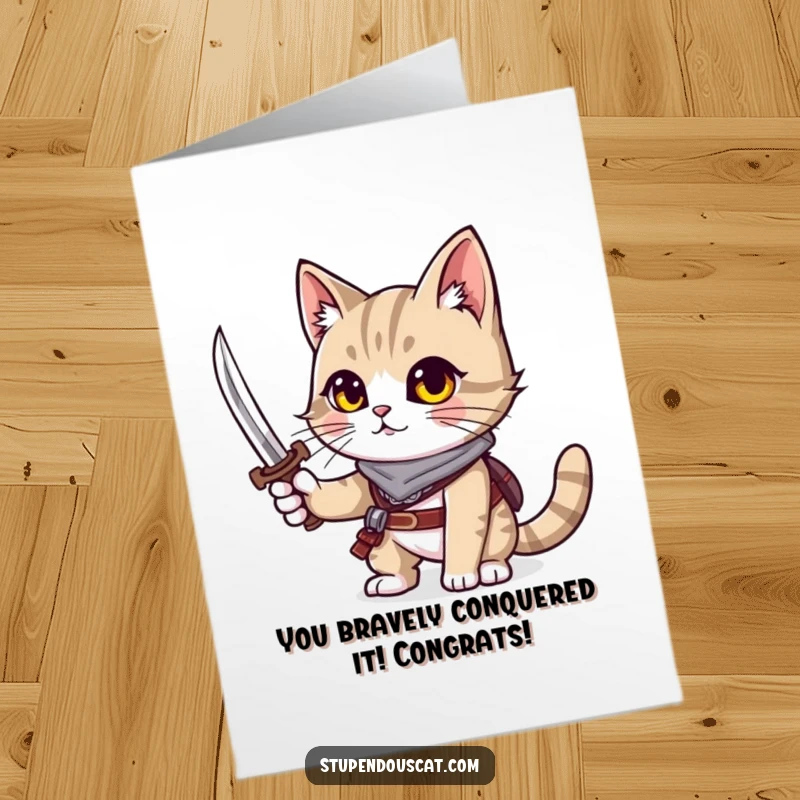 Funny free printable congratulations card of an adventurous cat brandishing a tiny sword, unique downloadable art.