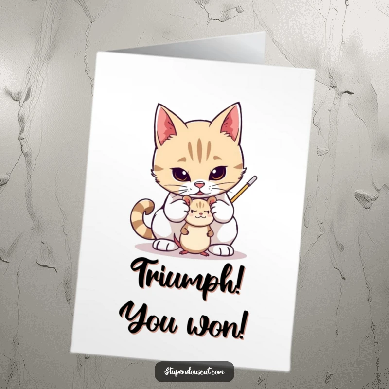 Funny Free Printable Congrats Card: A valiant cat stands guard over a small toy mouse, a true defender. Cute downloadable card.