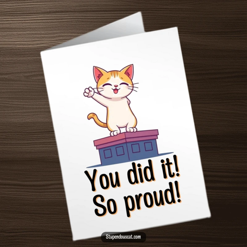 Funny Free Printable Congratulations Card: Cat silhouetted heroically on a rooftop, celebrating success with funny feline flair.