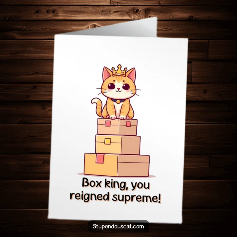 Funny Free Printable congratulations card showing a regal cat sitting with pride atop a tall tower of boxes. A distinguished downloadable gift.