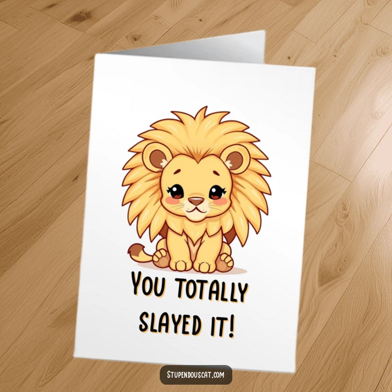 Funny Free Printable Congratulations Card showing a majestic lion cub with an oversized, shimmering mane
