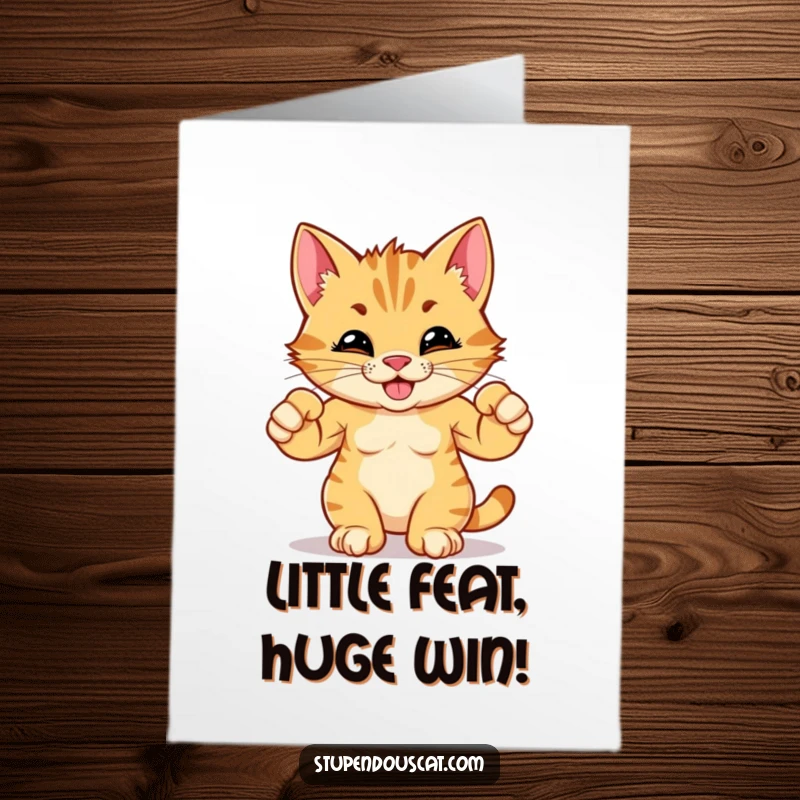 Funny Free Printable Congrats Card: Adorable strong cat cub flexing muscles as a symbol of accomplishment, great for gifting.