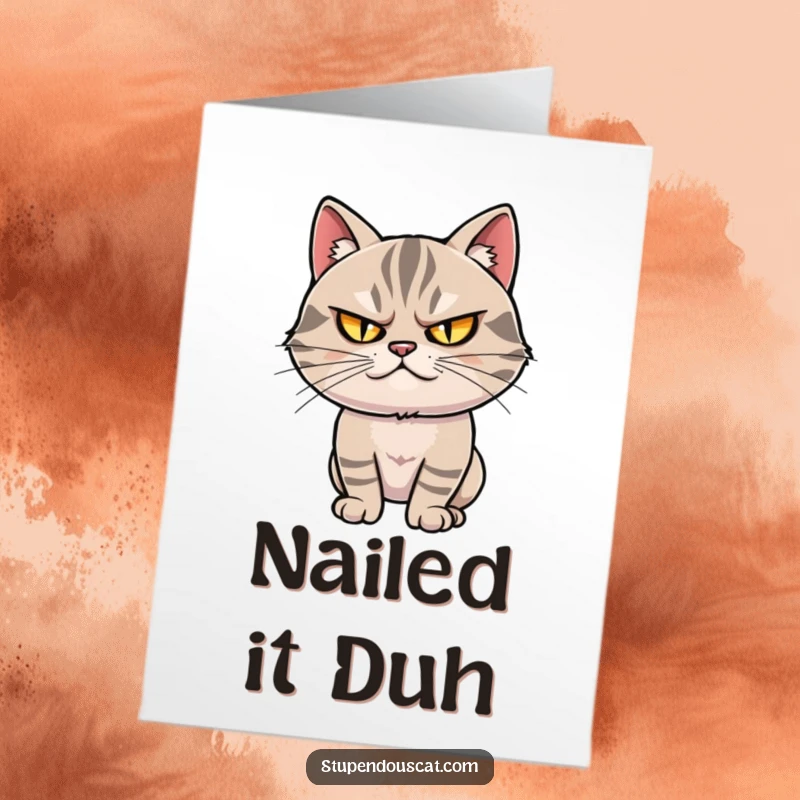 Funny Free Printable Congratulations Card: A smug cat with twinkling eyes poses dramatically, celebrating an achievement.