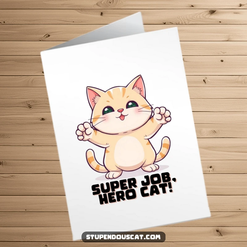 Funny free printable congratulations card showing a cat in a heroic pose, paws outstretched, embodying bravery and triumph.