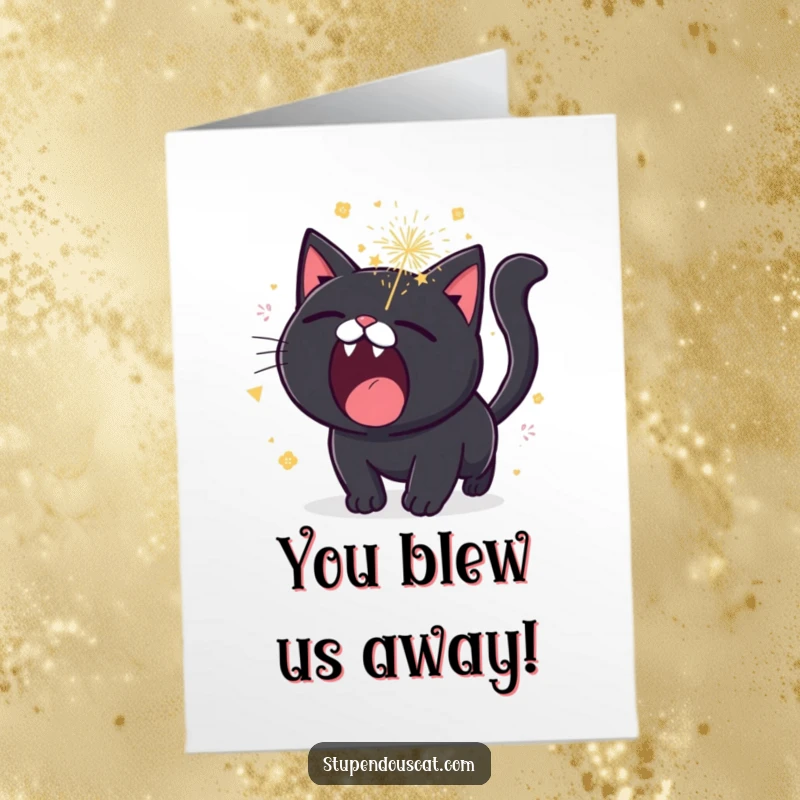 Funny Free Printable Congratulations Card showing a black cat roaring as tiny, sparkling fireworks erupt