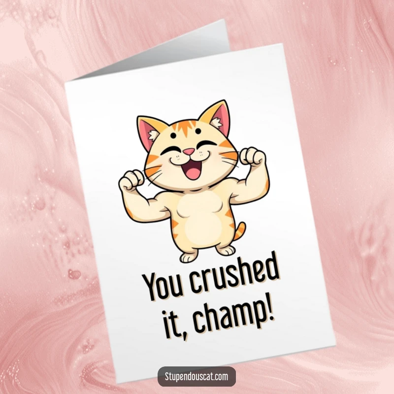 Funny Free Printable Congrats Card with a cat character proudly flexing its muscles, celebrating achievements with gusto.
