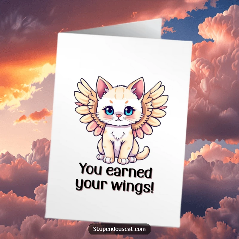 Funny Free Printable Congratulations Card: Majestic cat cub with wings spread wide, celebrating a momentous achievement with grace.