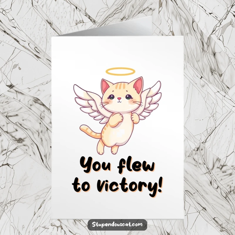 Funny Free Printable Congrats Card: A cat with majestic angel wings gliding through the clouds, celebrating success.