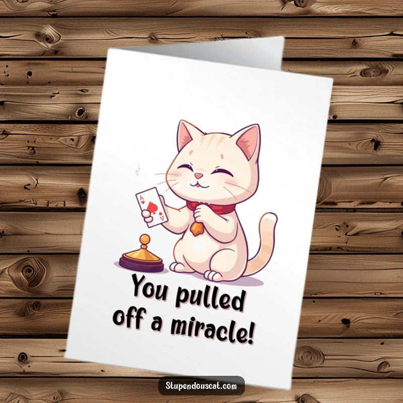 Funny Free Printable Congratulations Card: A cat in a magician's outfit pulling a card from thin air with a triumphant look.