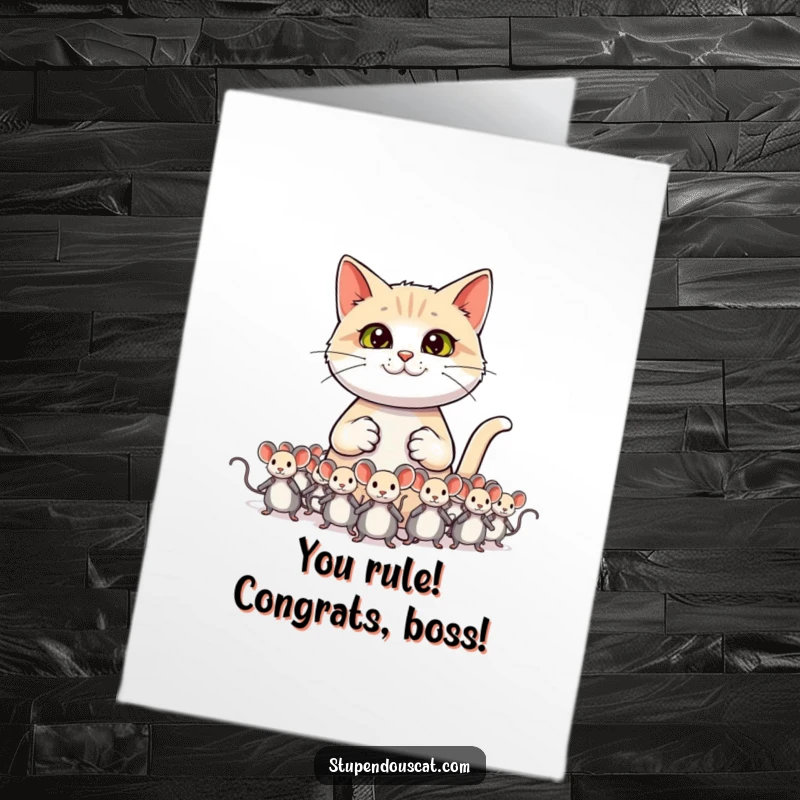 Funny free printable congratulations card of a cat commanding a toy mouse army, a unique downloadable art.