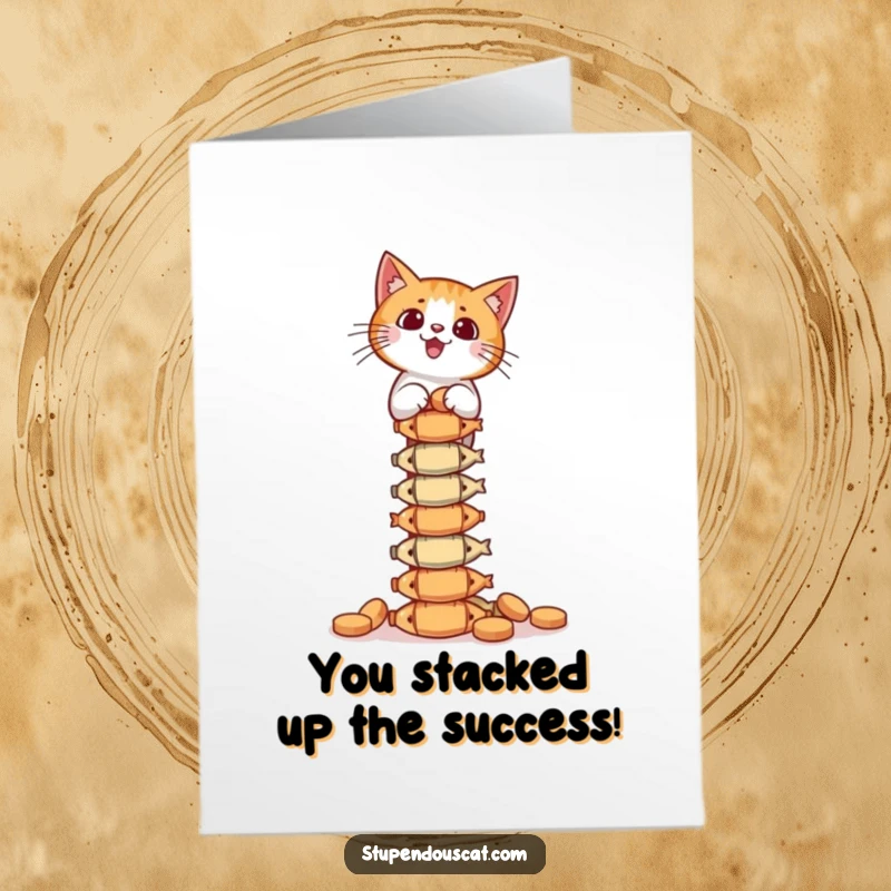 Funny Free Printable Congratulations Card: A cat precariously balances an enormous tower of fish treats, celebrating a big win, print at home.