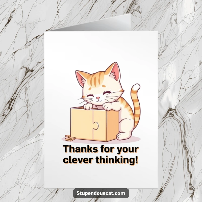 Funny Free Printable thank you card of a clever cat intensely focused on solving a puzzle box. A thoughtful downloadable gift.