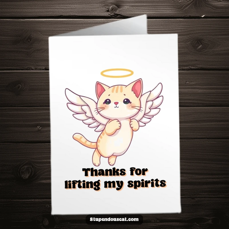 Funny Free Printable Thank You Card: A cat with feathered wings gliding serenely, offering thanks from the heavens.