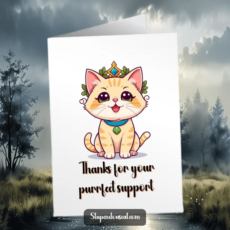 Funny Free Printable Thank You Card: Champion cat wearing a laurel wreath, looking noble and saying thanks with pride.