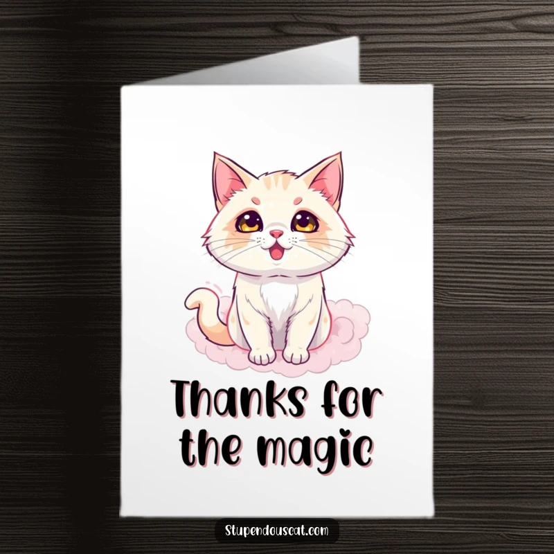 Funny Free Printable Thank You Card: A dazzling cat appears from a puff of smoke, adding flair to thanks. Magical downloadable greeting.