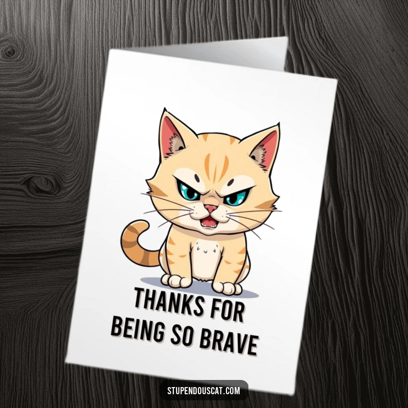 Funny Free Printable Thank You Card: A fearless cat ready to face anything, expressing thanks with conviction.