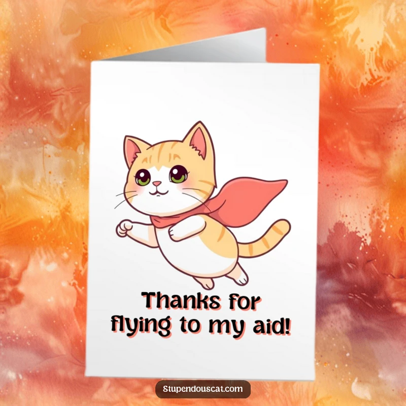 Funny Free Printable Thank You Card: A cat in a tiny cape flies through the air, delivering thanks with superhero speed, download and print.