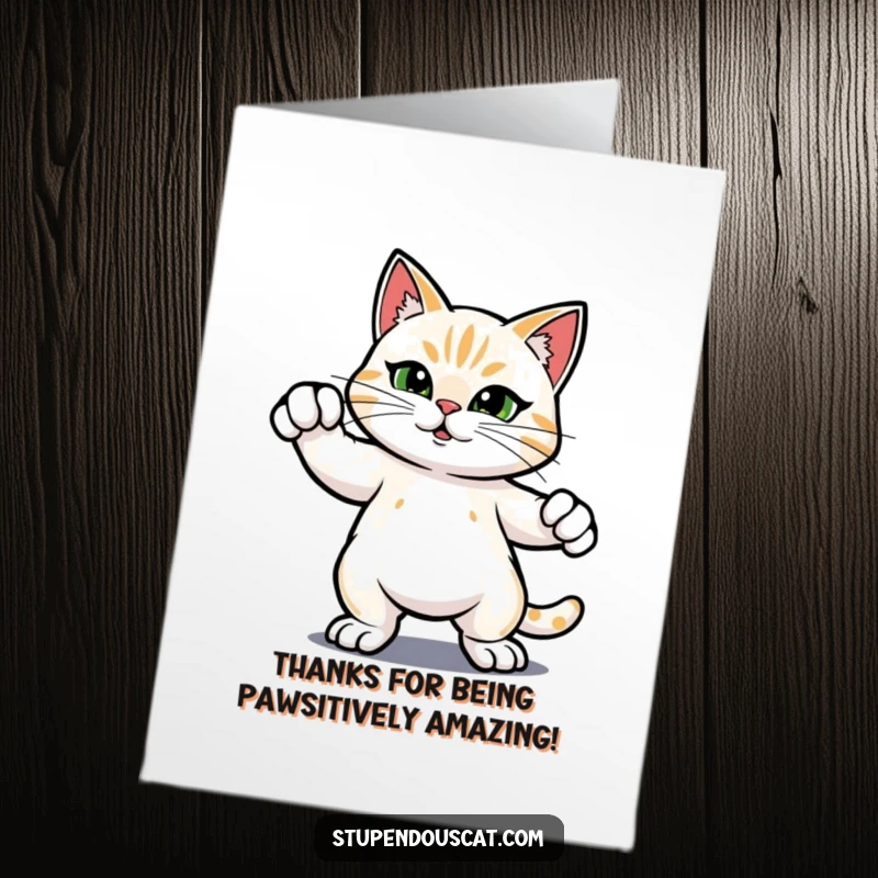Funny Free Printable Thank You Card: A courageous cat strikes a heroic pose, conveying deep gratitude.