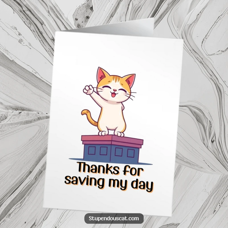 Funny Free Printable Thank You Card: Cat in a heroic rooftop silhouette, offering a funny, thankful feline salute.