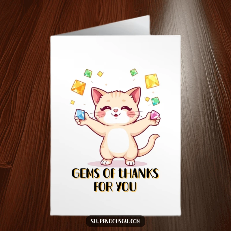 Funny Free Printable Thank You Card: A cat artistically juggling precious gems, conveying thanks with a charming and skillful performance.